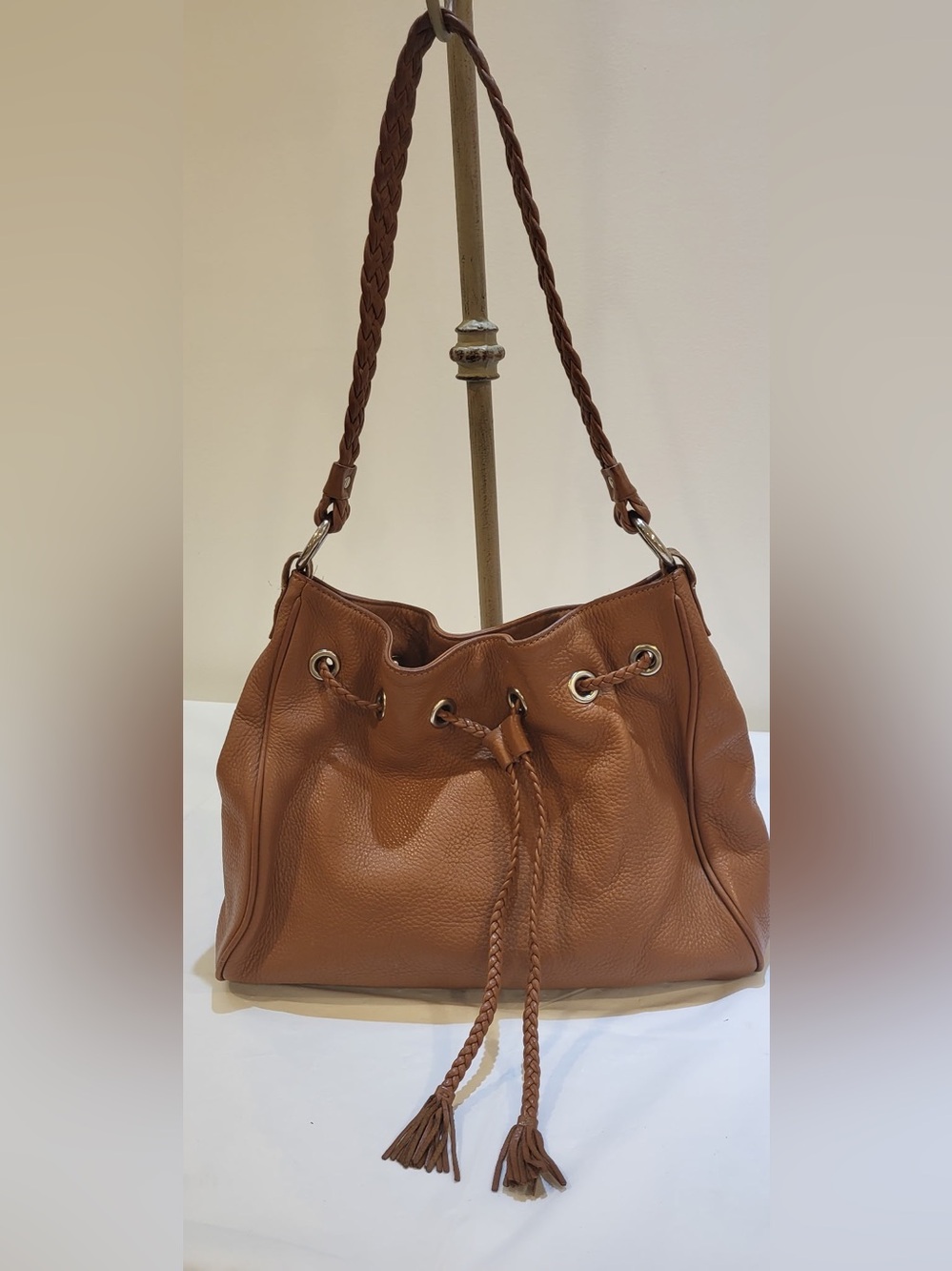 TALBOTS brown pebble leather drawstring shoulder bag